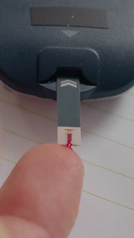 Vertical Screen: A man pricks his finger to obtain a drop of blood, placing it on a glucometer strip to check his blood sugar levels for health monitoring purposes.