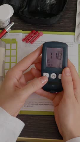 Vertical Screen: A woman examines her glucometer, which shows a high blood sugar reading. She is actively monitoring her health as part of her diabetes management routine.