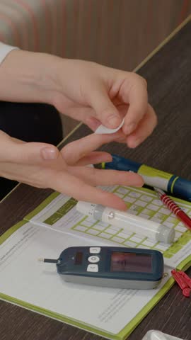 Vertical Screen: A woman carefully pricks her finger with a pen to measure her blood sugar level using a glucometer. This testing is essential for managing her diabetes effectively.