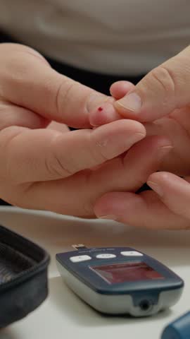 Vertical Screen: A man pricks his finger to draw blood, then places a drop on a glucometer strip to check his blood sugar. He prepares to inject insulin for diabetes management.