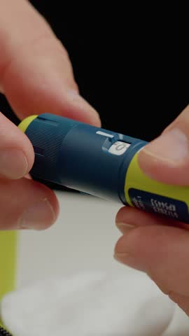Vertical Screen: A man prepares an insulin pen to inject medication for managing high blood sugar. He carefully sets the insulin dosage while monitoring his levels with a glucometer.