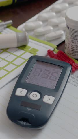 Vertical Screen: A glucometer displays a high blood sugar level alongside medication and monitoring tools. Records are taken for diabetes management and tracking glucose levels efficiently.