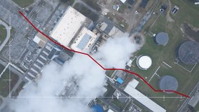 Industrial facility emits dense white smoke while a red graph overlay shows air pollution trend decline over time - Powered by Shutterstock - Get 15% off with code: PIKWIZARD15