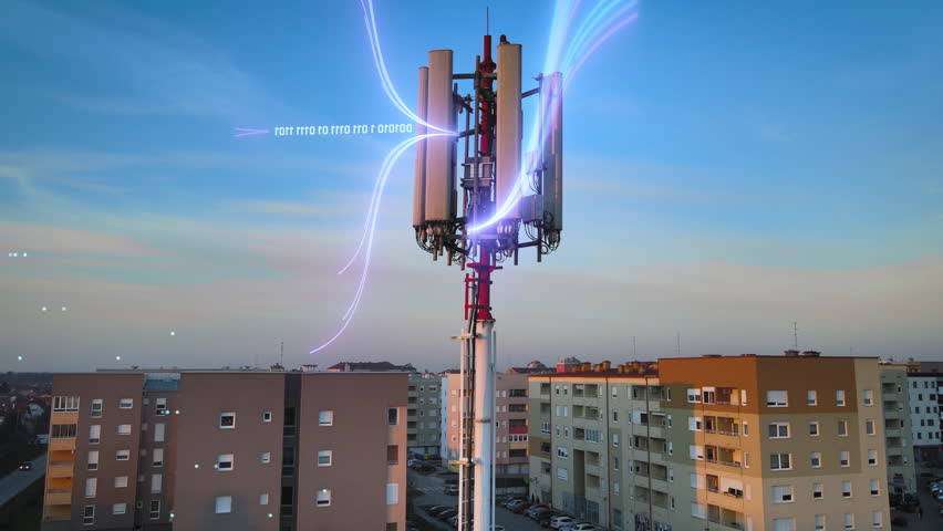 Telecommunication tower in a residential area visualizing digital data transfer via 5G network signals with animated binary code and glowing light trails in early evening light