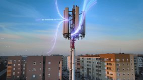 Telecommunication tower in a residential area visualizing digital data transfer via 5G network signals with animated binary code and glowing light trails in early evening light - Powered by Shutterstock - Get 15% off with code: PIKWIZARD15