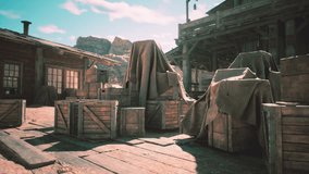 The weathered wooden crates sit in an abandoned western town, partially covered in tattered fabric. Sunlight brightens the dusty ground and highlights nearby mountains. - Powered by Shutterstock - Get 15% off with code: PIKWIZARD15