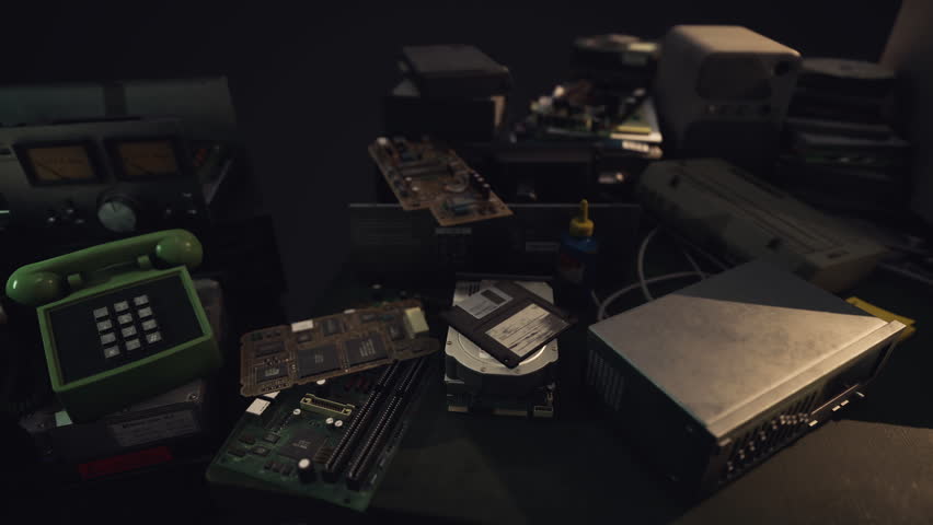 A collection of vintage electronics including circuit boards and an old phone sits on a dark table, showcasing the intricate designs and nostalgic technology of past decades.