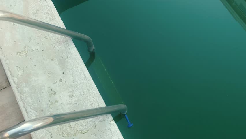 Swimming pool with dirty green water close-up.