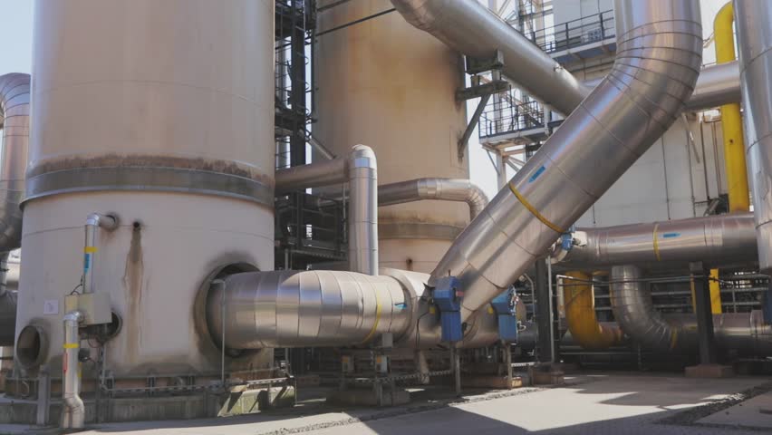 Concept of a modern chemical processing plant, oxygen plant or oil refinery, inside. Refinery Equipment. Pipestills at an oil refinery. Refinery column. Industrial exterior.