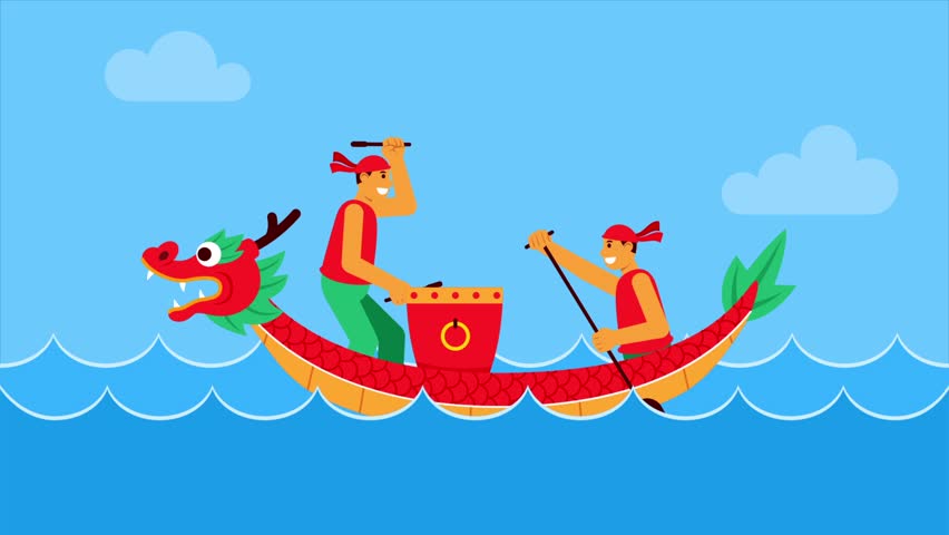 Red dragon traditional boat racer padlling across the river.