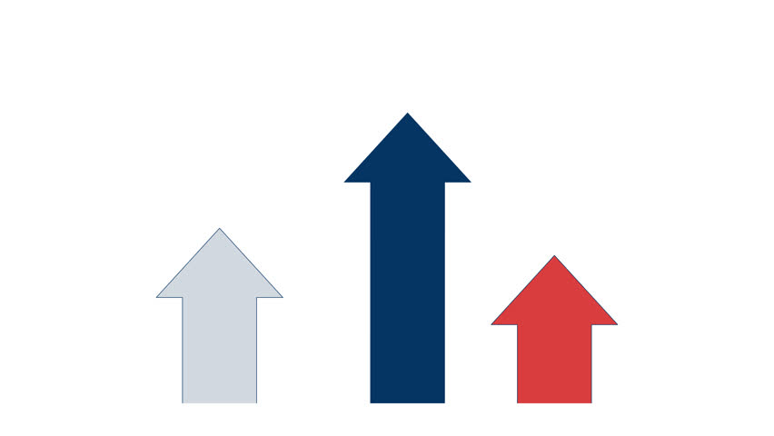 Three arrows showing economic growth trends 2D cartoon object animation. Competitive analysis. Sales increase. Comparative market movements animated flat colorful item 4K video isolated on white