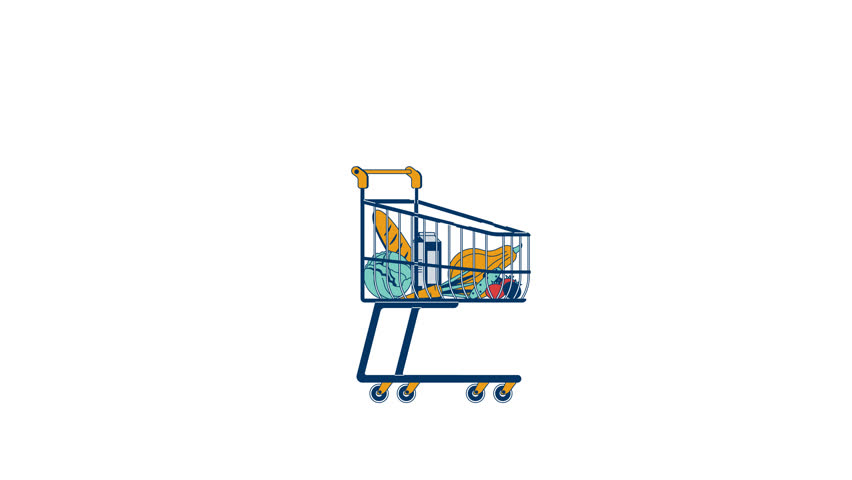 Rolling shopping cart filled with groceries 2D cartoon object animation. Consumer spending. Food. Bread, milk, vegetables. Supermarket trolley animated flat colorful item 4K video isolated on white