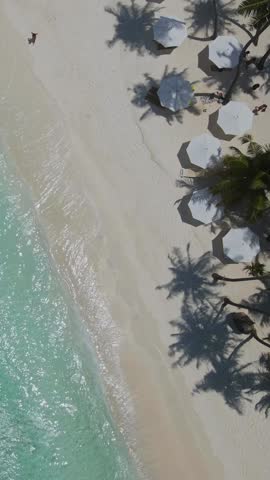 Aerial view at a beautiful tropical white sand beach at Indian Ocean coastline. Landscape with palm trees and umbrellas. People relaxing at holiday resort.Maldives.Vertical video