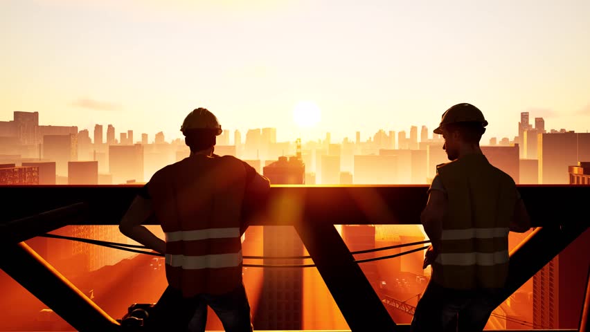 Two builders at a height, illuminated by the dawn sun. Symbol of labor and creation - in the frame is a cityscape and a construction crane against the background of morning light. 3D animation.