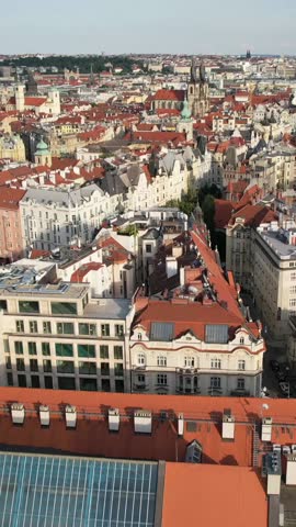 Aerial Panoramic View of Prague Cityscape, Old Town Rooftops Below