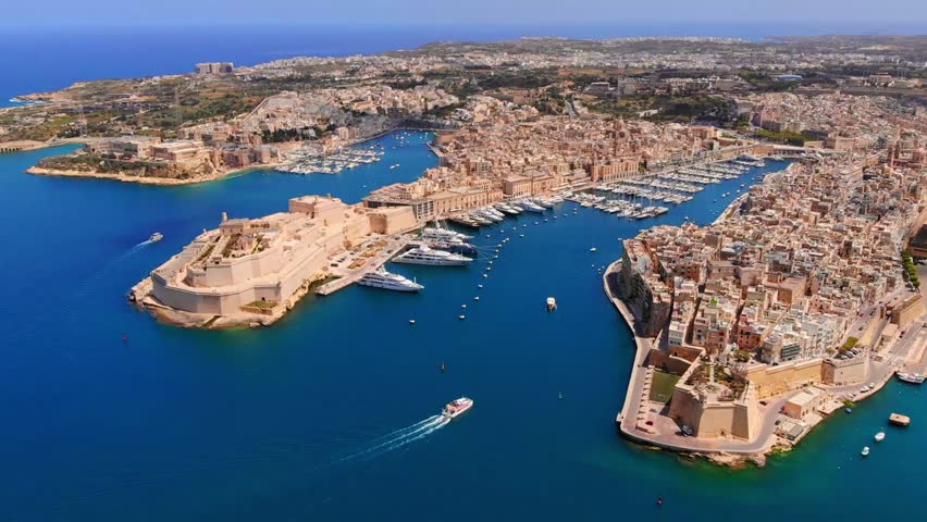 Aerial top view Valletta capital city of Malta. Panorama senglea, Birgu, Kalkara.