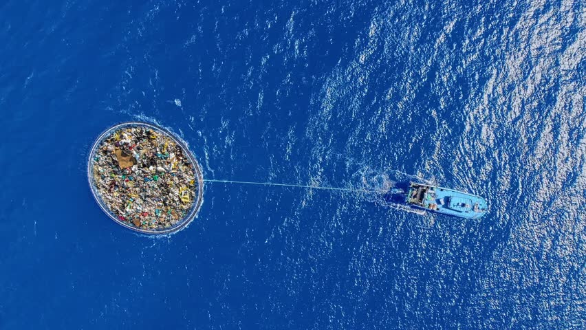Concept cleaning ocean water from debris and plastic. Removing contaminants using ship and grid, aerial view.