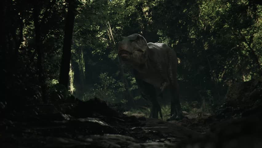 Realistic CGI animation of a dinosaur in its natural habitat during the Jurassic era, rendered in cinematic lighting.