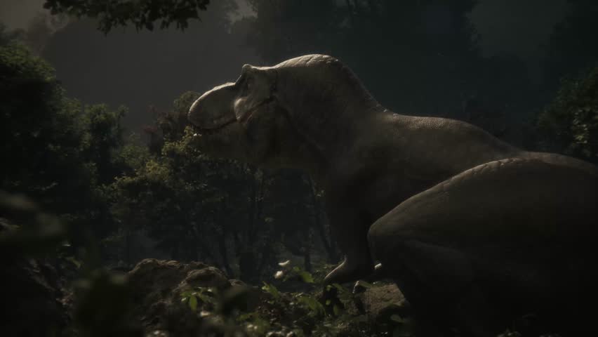 Realistic CGI animation of a dinosaur in its natural habitat during the Jurassic era, rendered in cinematic lighting.