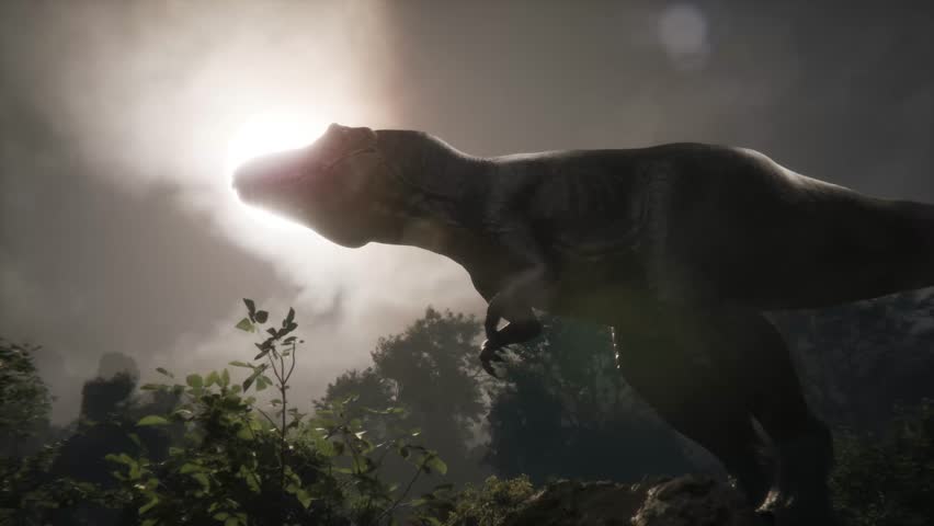 Realistic CGI animation of a dinosaur in its natural habitat during the Jurassic era, rendered in cinematic lighting.