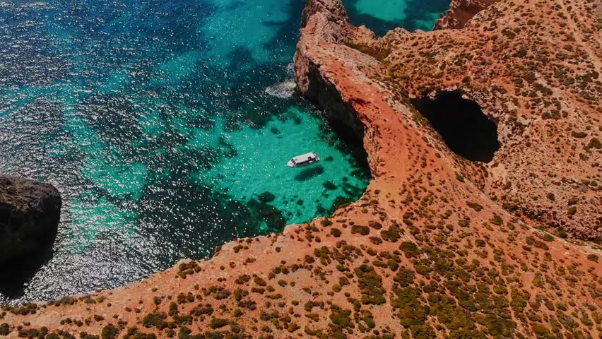 Aerial top view Coral Lagoon in Mellieha of Malta island.