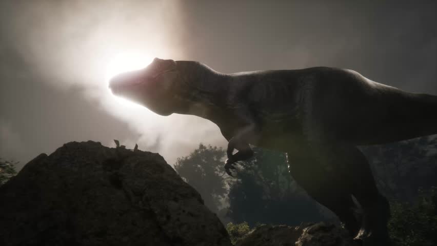 Realistic CGI animation of a dinosaur in its natural habitat during the Jurassic era, rendered in cinematic lighting.