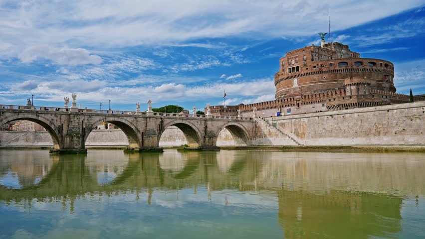 Saint Angel Castle with bridge Ponte Sant Angelo over the Tiber river Rome, Italy