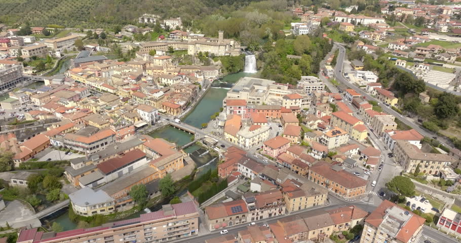 Aerial view of Isola del Liri, simply known as Isola Liri. It is an Italian city of Lazio, Italy, in the province of Frosinone. The town is famous for the waterfall in the historic center.