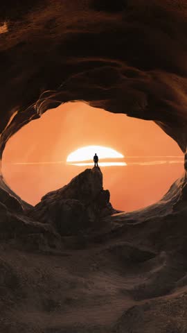 Lone Figure in Cave Watching Sunset Over Water: A 3D Rendering
