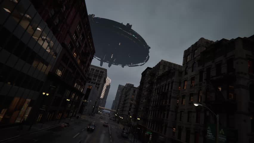 Futuristic CGI animation of UFOs invading a modern city skyline. Multiple flying saucers appear in the sky, initiating an intense alien attack on Earth with cinematic lighting and dramatic atmosphere.