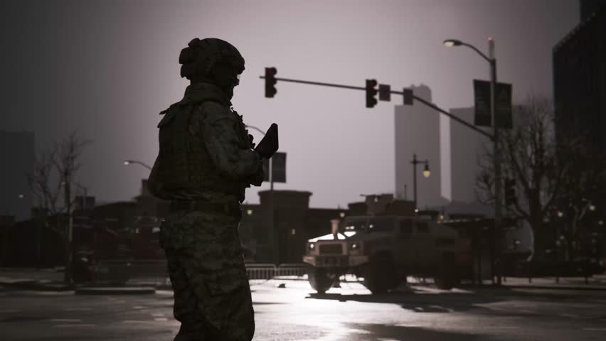 Cinematic CGI animation of an empty city under military lockdown. Armed soldiers patrol the deserted streets, enforcing curfew amid an emergency situation caused by an alien invasion, pandemic, or unk