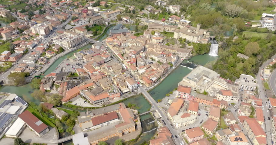 Aerial view of Isola del Liri, simply known as Isola Liri. It is an Italian city of Lazio, Italy, in the province of Frosinone. The old town is situated between two canals of the Liri river.
