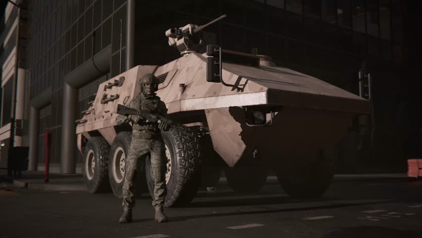Cinematic CGI animation of an empty city under military lockdown. Armed soldiers patrol the deserted streets, enforcing curfew amid an emergency situation caused by an alien invasion, pandemic, or unk