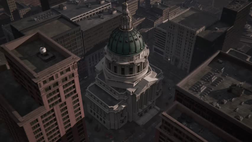 Cinematic CGI animation of an empty city under military lockdown. Armed soldiers patrol the deserted streets, enforcing curfew amid an emergency situation caused by an alien invasion, pandemic, or unk