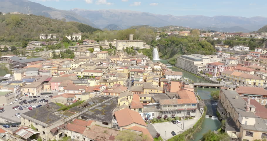 Aerial view of Isola del Liri, simply known as Isola Liri. It is an Italian city of Lazio, Italy, in the province of Frosinone. The town is famous for the waterfall in the historic center.