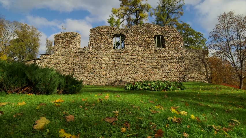 Ancient medieval castle ruins, stone masonry wall. Valmiera Medieval Castle was the Castle of the Livonian Order's Master with a Forecourt and Fortified Town of Valmiera.