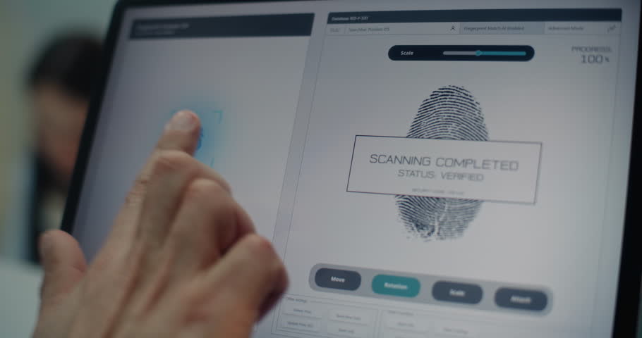 Check-in Counter in Airport Terminal: Close Up of Man Putting Finger on Touch Screen for Fingerprint Scanning. Tablet Computer Displayed Software for Biometric Identification of Tourist for Flight.