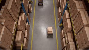 Autonomous AGV robots transporting cardboard boxes in an automated warehouse or distribution logistics center. Smart warehouse automation concept. Realistic high quality 3d rendering animation. - Powered by Shutterstock - Get 15% off with code: PIKWIZARD15
