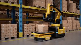 Autonomous robot arm loads parcels from shelf onto AGV robots in an automated warehouse or distribution logistics center. Smart warehouse automation concept. 3d rendering animation. - Powered by Shutterstock - Get 15% off with code: PIKWIZARD15