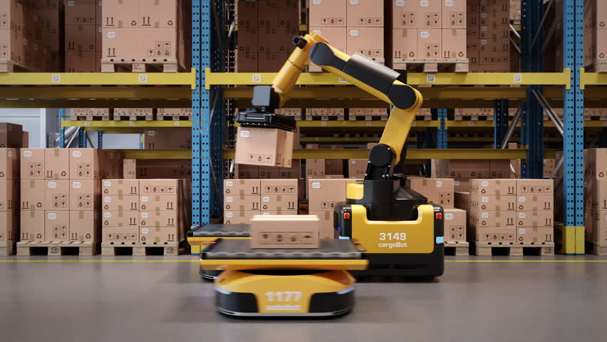 Autonomous robot arm loads parcels from shelf onto AGV robots in an automated warehouse or distribution logistics center. Smart warehouse automation concept. 3d rendering animation. - Powered by Shutterstock - Get 15% off with code: PIKWIZARD15