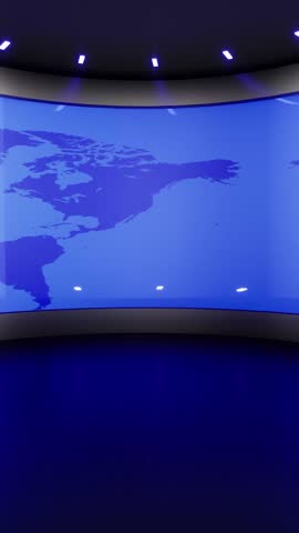 Looped video featuring virtual news studio background with wide panoramic screen displaying a rotating world map. Perfect for green screen background, animated wallpaper, broadcast news media report.