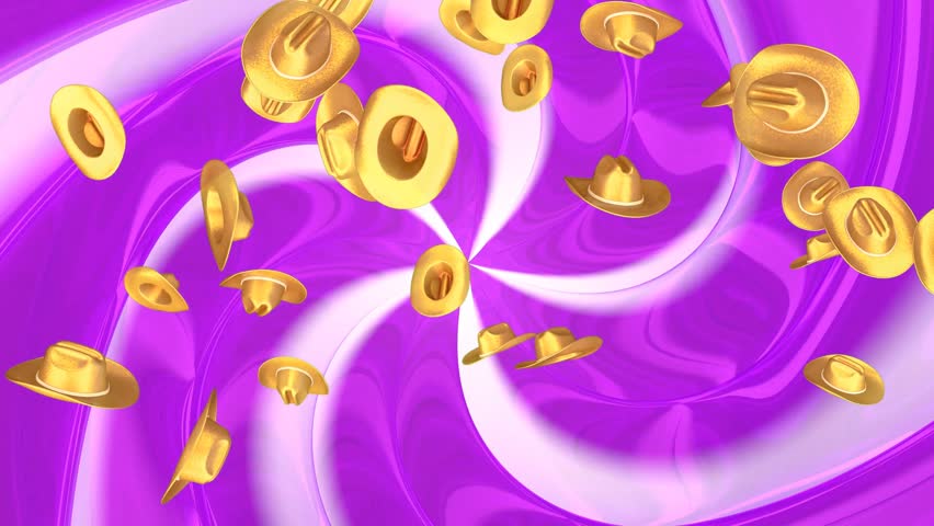 Rain of golden cowboy hats on lilac rotating spiral background. Country style concept. 3D animation.