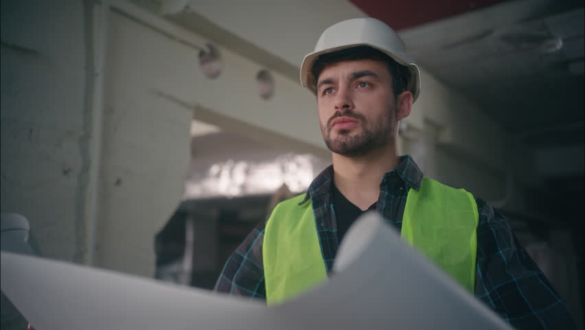 Caucasian builder man handyman guy foreman holding blueprint architect male inspecting building electrician employee work in factory construction engineer supervising manufacturing architecture draft