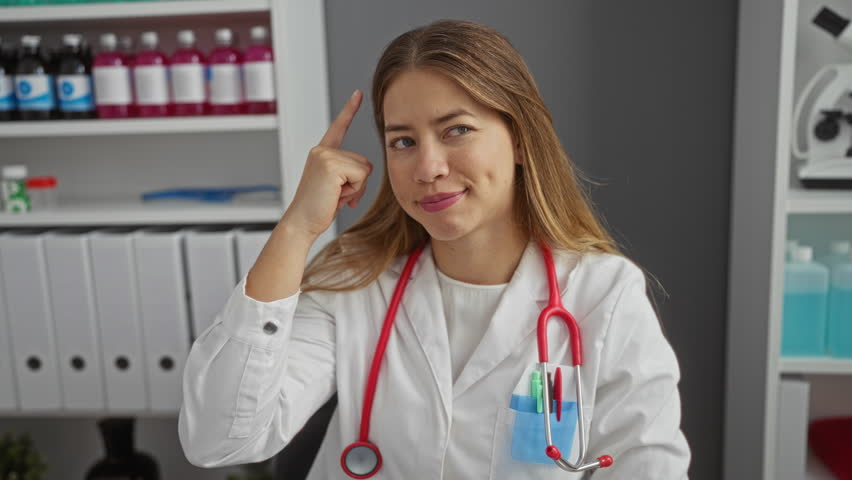 Young caucasian woman doctor in uniform smiling and pointing at head with finger as a great idea gesture, highlighting good memory in a clinic setting