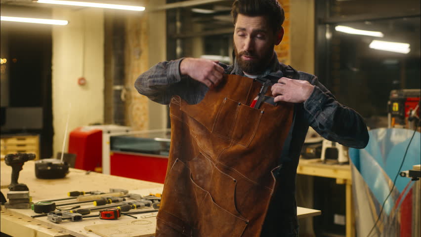 Caucasian man wood master handyman guy craftsman finish workday artist employee clean hands carpenter male removing apron workwear in workshop workman builder turning off light end working carpentry