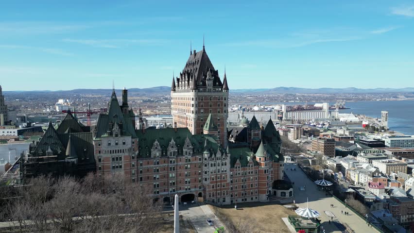 Chateau Frontenac on sunny spring afternoon drone aerial