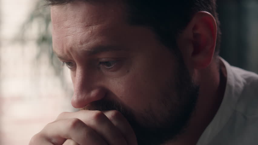 Close up distressed Caucasian man upset guy designer boss male pondering in office businessman suffering lost work nervous employee agent bankruptcy trouble entrepreneur business startup fail anxiety