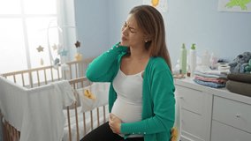 Pregnant woman experiences neck pain in a cozy bedroom with baby cradle and window light - Powered by Shutterstock - Get 15% off with code: PIKWIZARD15