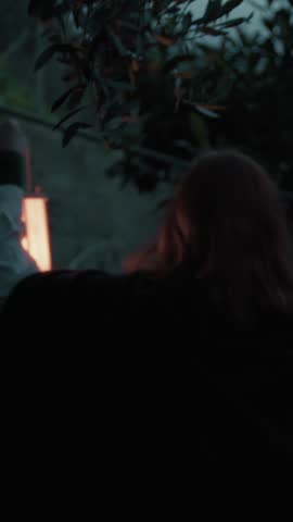Lonely Enigmatic Woman Explores A Scary Place In The Haunted Forest Night
