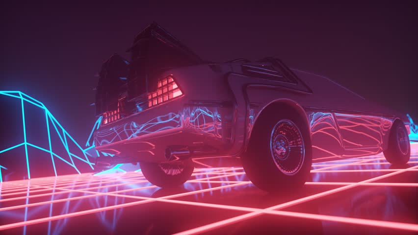 Retro Futuristic Neon Car on Glowing Grid Highway in Synthwave Style